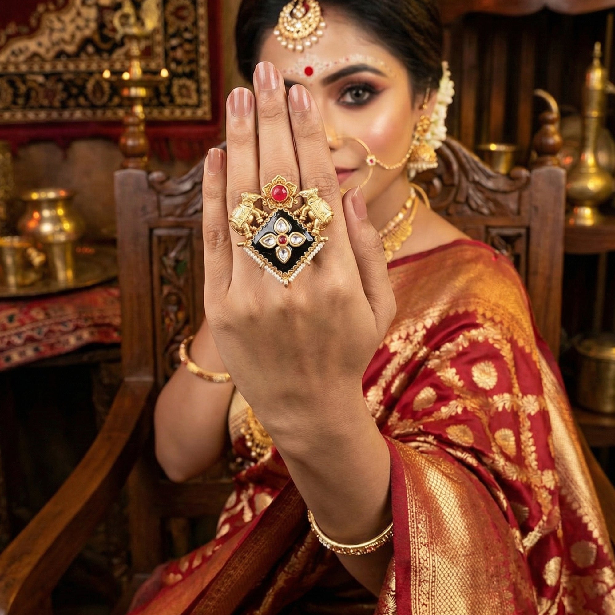 Js Fashion Heritage High Gold Kundan Stone And Pearl Ring