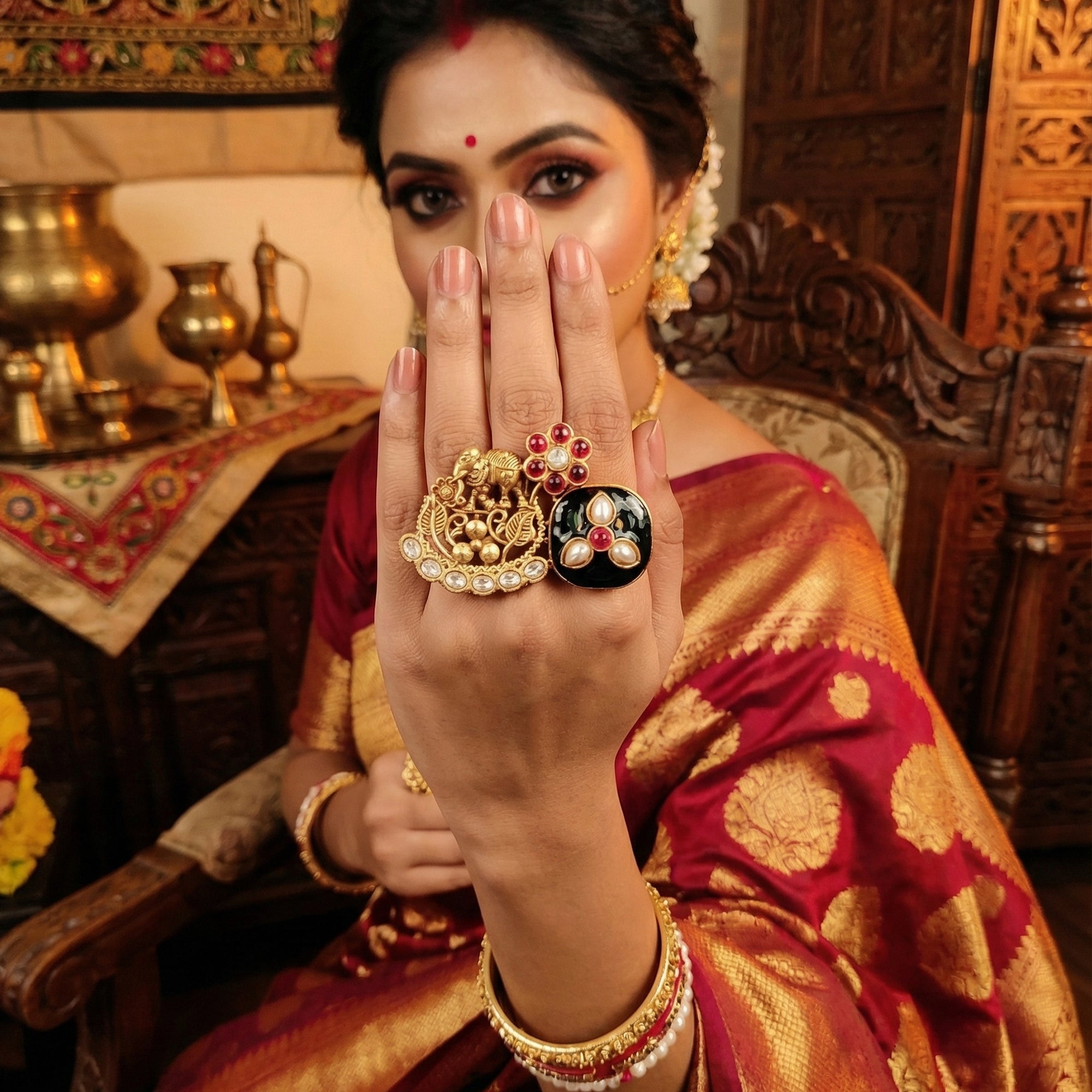 Js Fashion High Gold Royal Kundan And Pota Stone Designer Ring