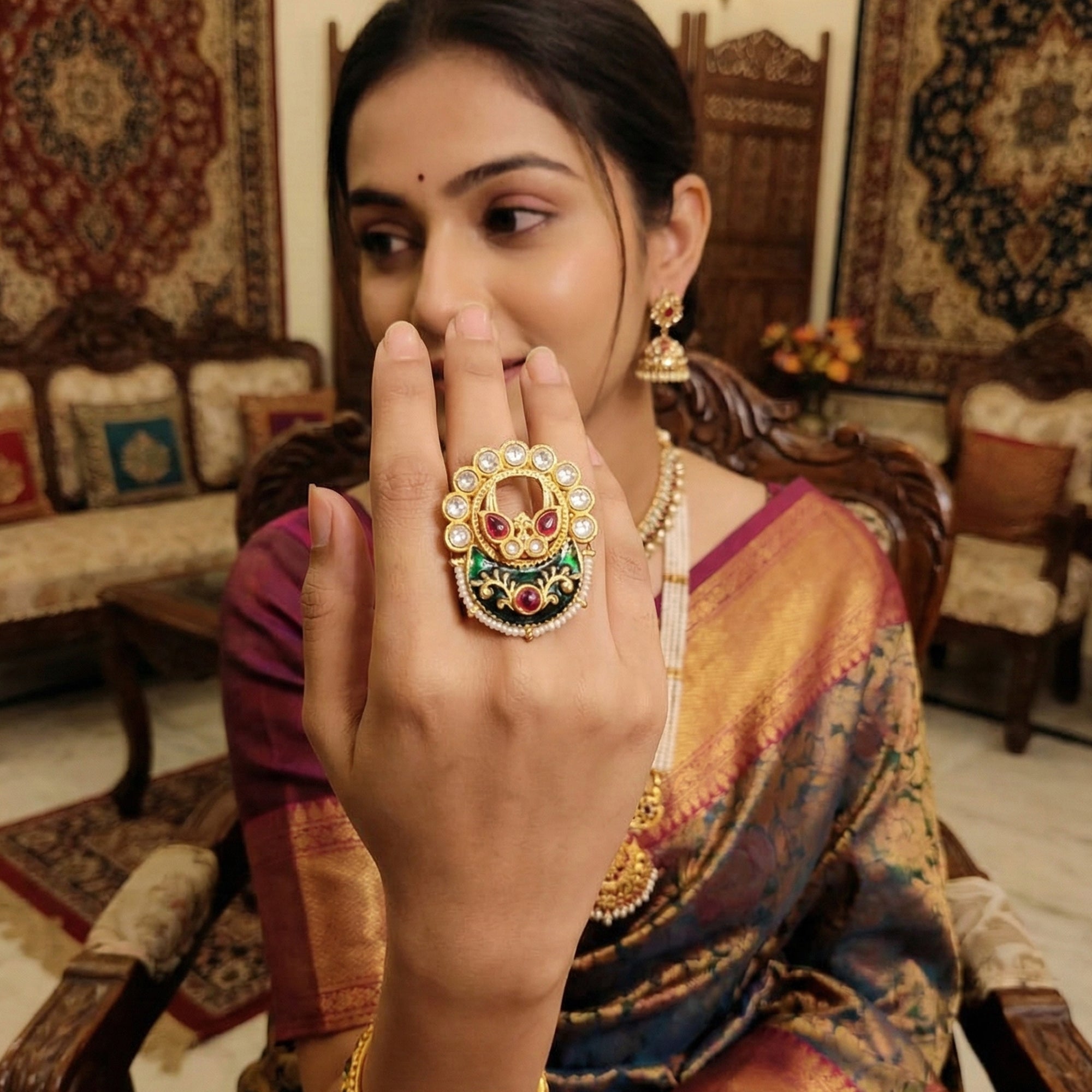 Js Fashion Heritage High Gold Kundan Stone And Meenakari Ring