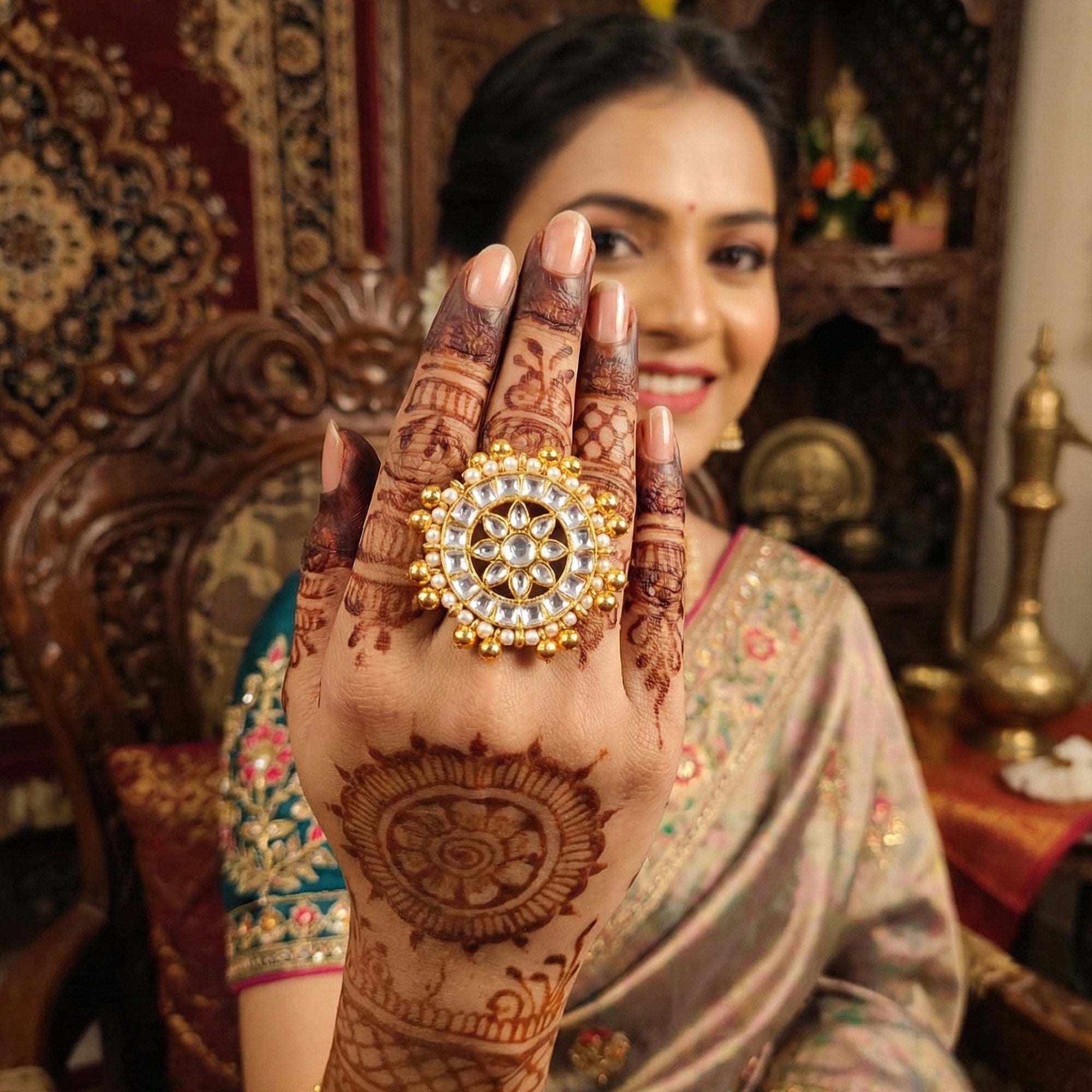 Js Fashion Heritage High Gold Kundan Stone And Pearl Ring