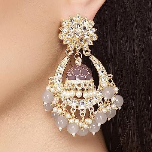 Subhag Alankar Grey Attractive Brass pearl bead stone jhumki earrings for women and girls