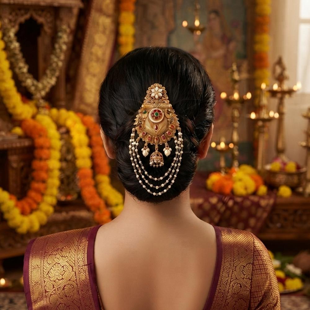 Js Fashion  Traditional High Gold Pearl Juda Hair Accessory