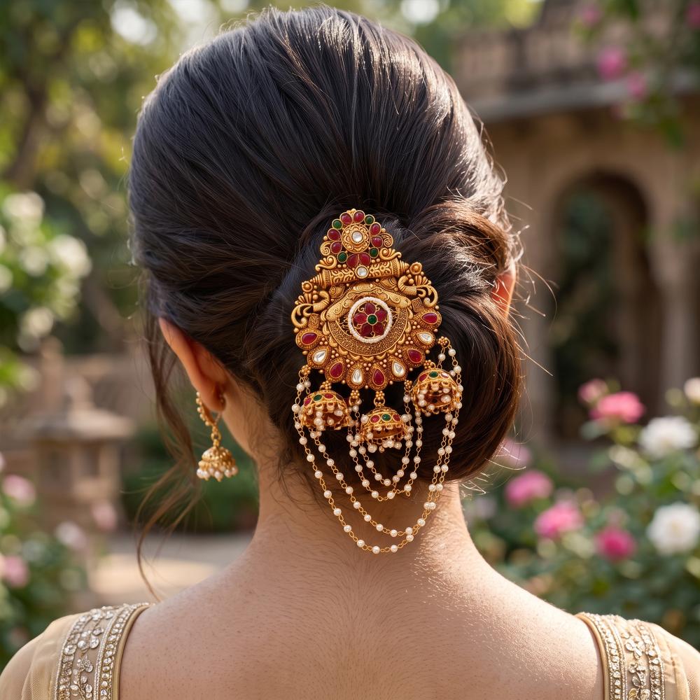 Js Fashion  High Gold Antique Floral Juda Pin with Pearl