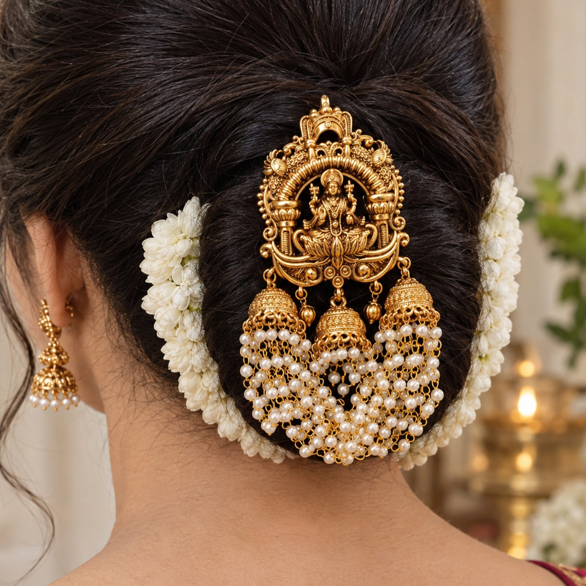 Js Fashion  Designer God Laxmi design Pearl jhumka Temple Juda Hair Accessory