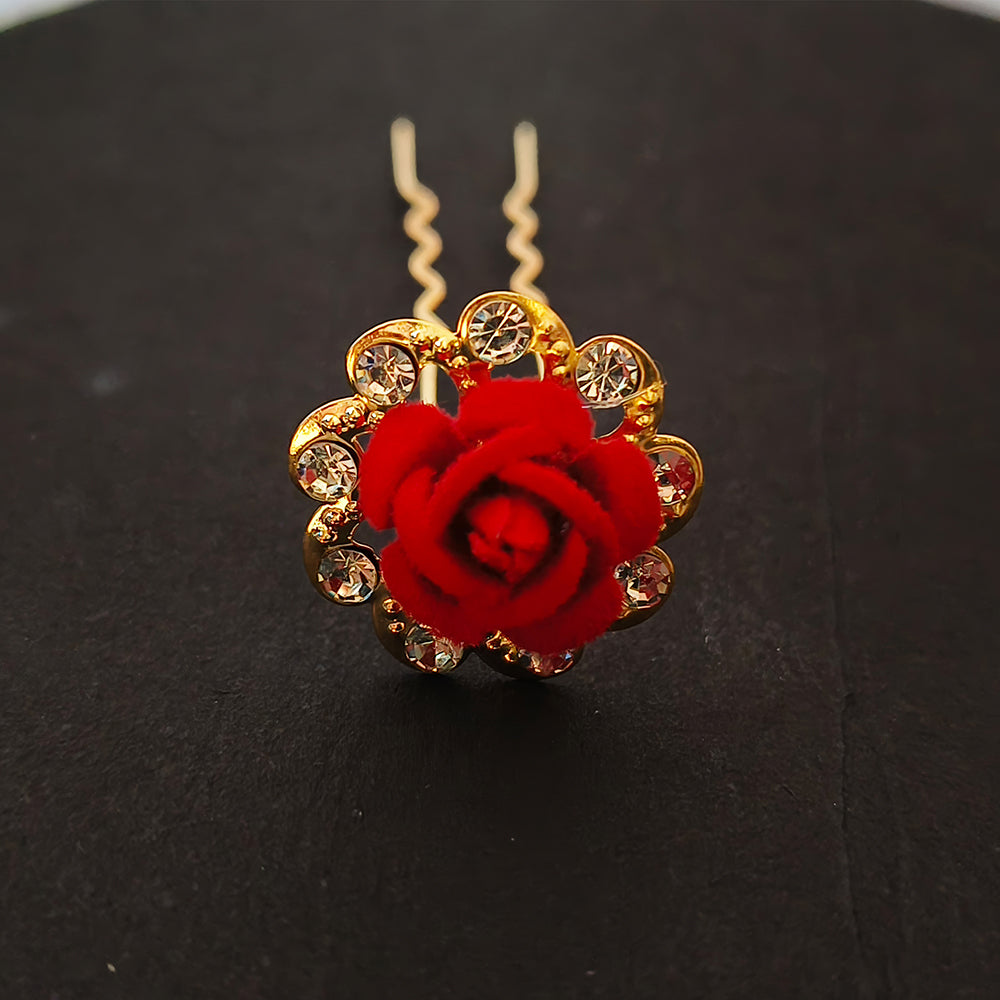 Js Fashion Pack of 12 Red Rose Juda Pins for Hair – Fancy Metal Flower Bun Pins for Women & Girls | Stylish Hair Accessories for Traditional & Party Looks | Perfect for Weddings, Festivals, and Special Occasions | Bun | Juda Accessory | Tiara