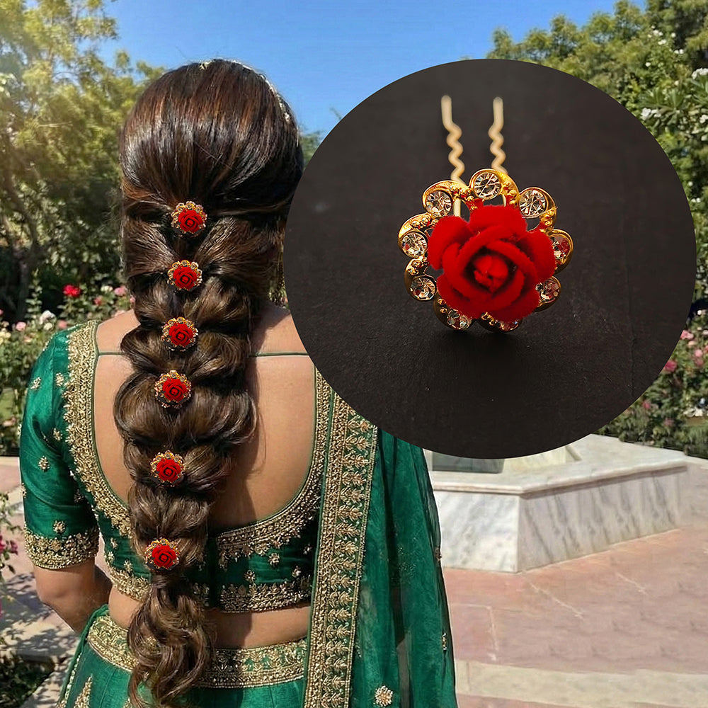 Js Fashion Pack of 12 Red Rose Juda Pins for Hair – Fancy Metal Flower Bun Pins for Women & Girls | Stylish Hair Accessories for Traditional & Party Looks | Perfect for Weddings, Festivals, and Special Occasions | Bun | Juda Accessory | Tiara