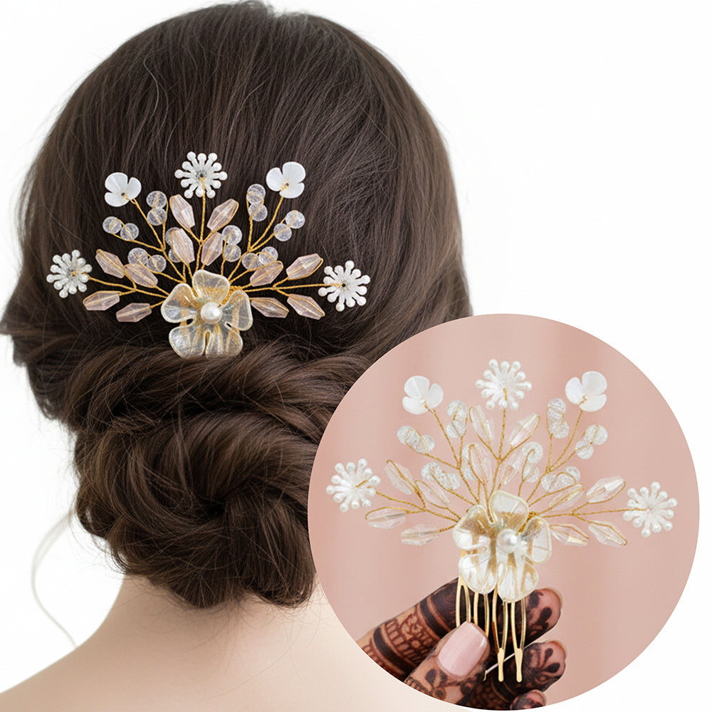 Js Fashion Bridal Pearl Crystal Hair pin for Women | Pink Floral Wedding Hair comb | Elegant Hair Accessory for Bride, Bridesmaid & Party Looks