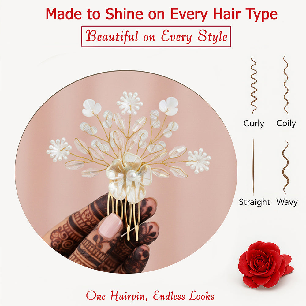 Js Fashion Bridal Pearl Crystal Hair pin for Women | Pink Floral Wedding Hair comb | Elegant Hair Accessory for Bride, Bridesmaid & Party Looks
