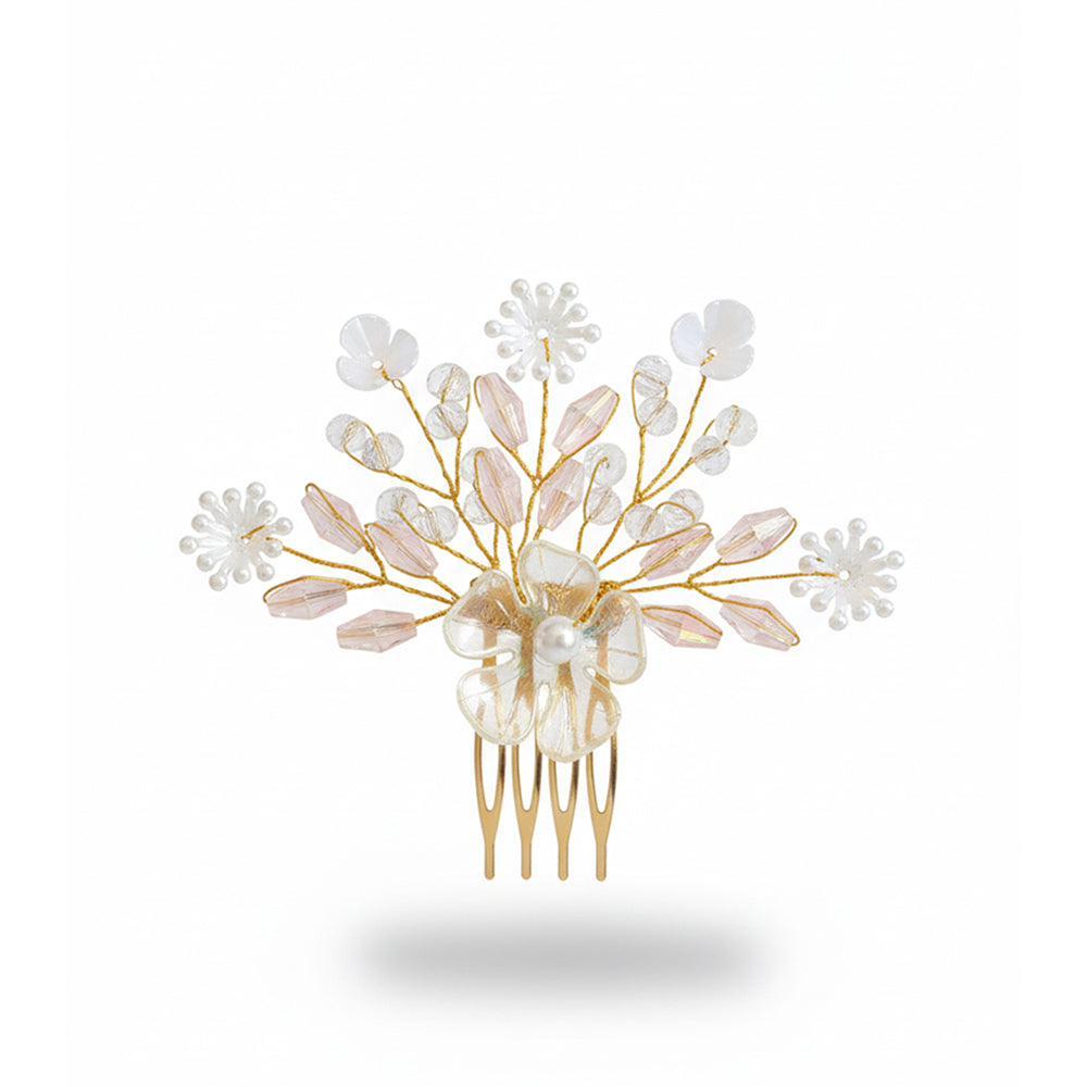 Js Fashion Bridal Pearl Crystal Hair pin for Women | Pink Floral Wedding Hair comb | Elegant Hair Accessory for Bride, Bridesmaid & Party Looks