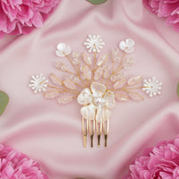 Js Fashion Bridal Pearl Crystal Hair pin for Women | Pink Floral Wedding Hair comb | Elegant Hair Accessory for Bride, Bridesmaid & Party Looks