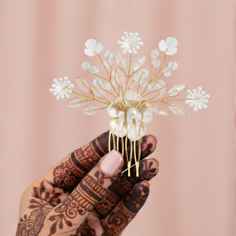 Js Fashion Bridal Pearl Crystal Hair pin for Women | Pink Floral Wedding Hair comb | Elegant Hair Accessory for Bride, Bridesmaid & Party Looks