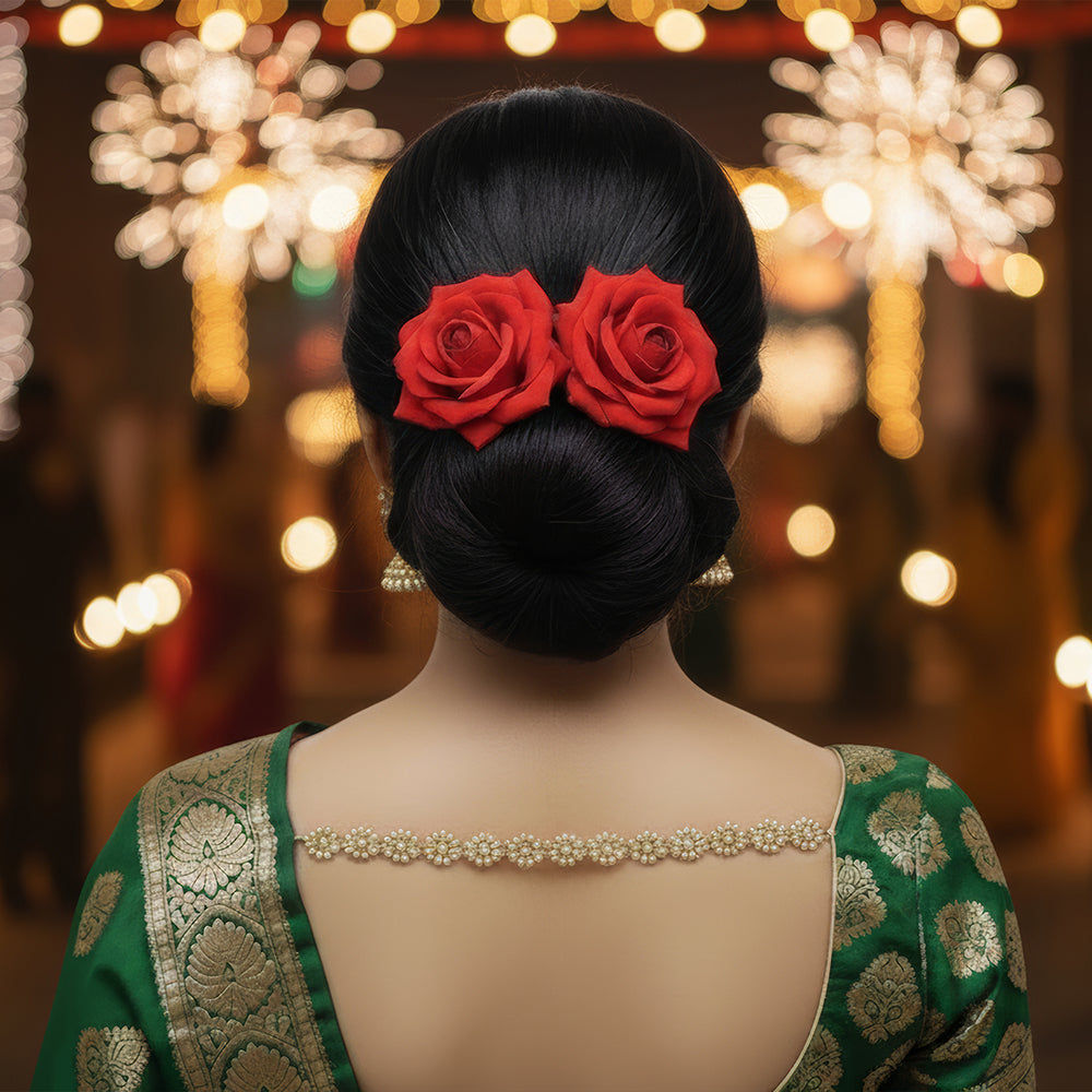 Js Fashion (2 Pcs) Red Rose Hair Accessories for Women & Girls – Stylish Artificial Flower Juda Pins & Clips for Bun, Braid, Wedding & Party Hairstyle – Elegant Bridal Hair Brooch Decoration