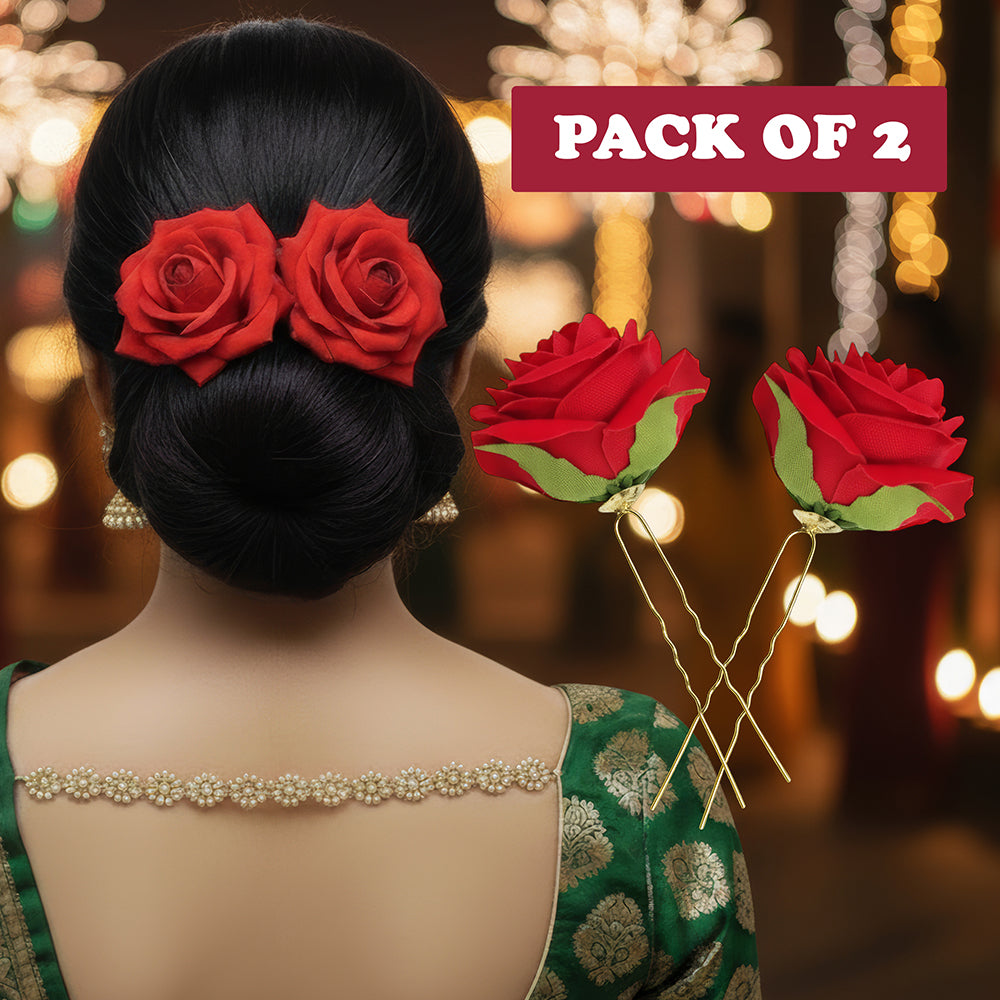 Js Fashion (2 Pcs) Red Rose Hair Accessories for Women & Girls – Stylish Artificial Flower Juda Pins & Clips for Bun, Braid, Wedding & Party Hairstyle – Elegant Bridal Hair Brooch Decoration
