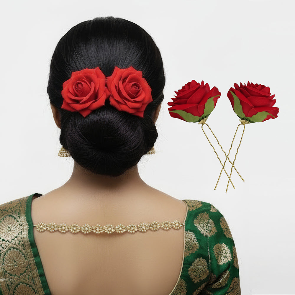 Js Fashion (2 Pcs) Red Rose Hair Accessories for Women & Girls – Stylish Artificial Flower Juda Pins & Clips for Bun, Braid, Wedding & Party Hairstyle – Elegant Bridal Hair Brooch Decoration