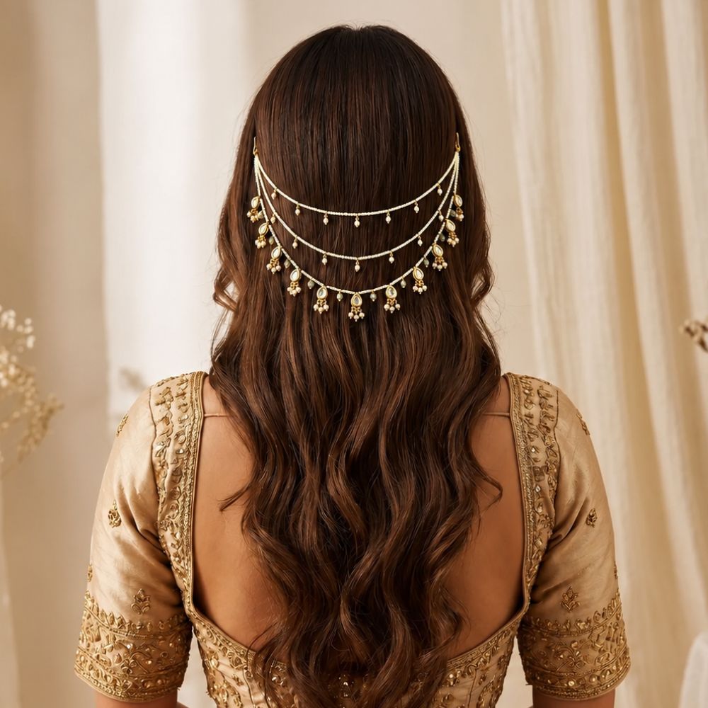 EtnicoTraditional Kundan Style Pearl Beaded Hair Chain for Women (HC01)