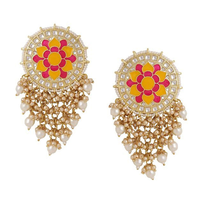 House Of Ree Flower Pattern Yellow and Pink Meenakari Drop Earrings for Womens | Women | Girls ER111