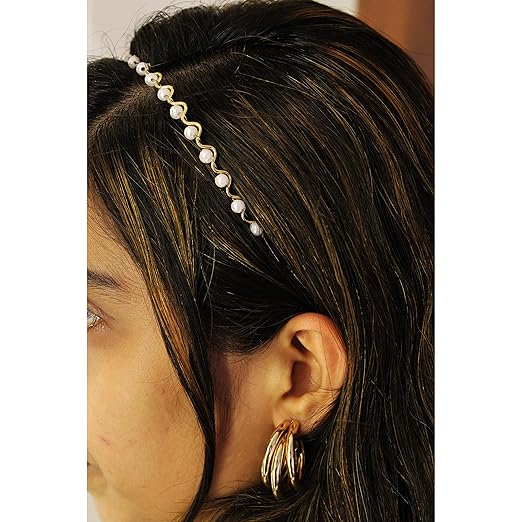 HP HIGH PROFILE Fancy Gold Embellished Pearl Hairband Designer Hair Accessory Headband for Women and Girls - Pack of 2