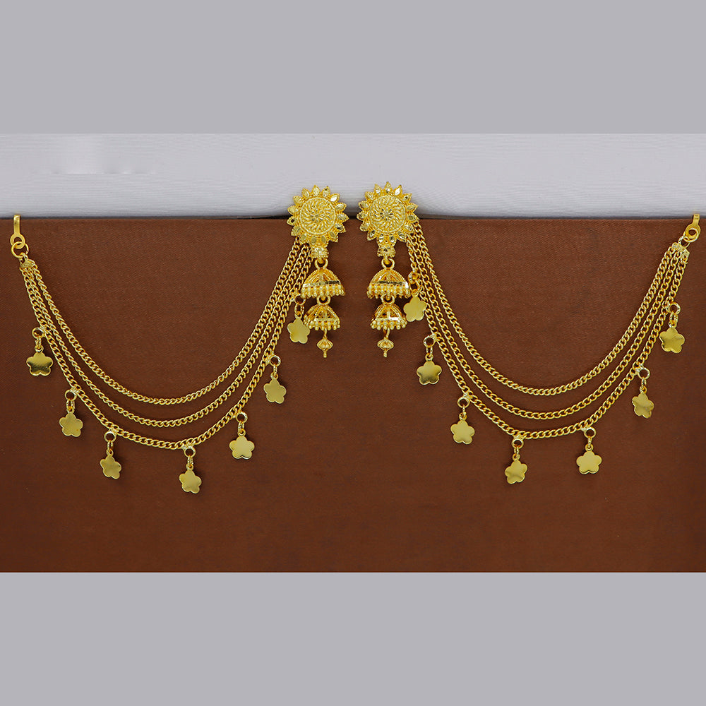 Mahavir  Gold Plated Jhumki Earrings With Kan Chain