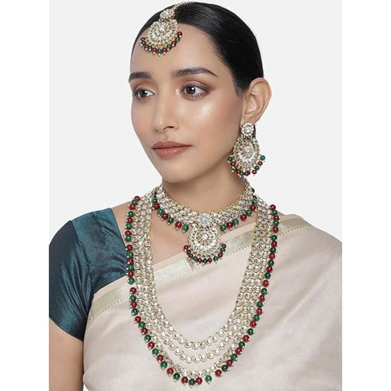 Etnico Traditional 18K Gold Plated Kundan & Pearl Studded Bridal Choker Necklace Jewellery Set With Earrings & Maang Tikka for Women(IJ325MG)