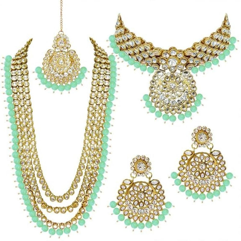 Etnico Traditional 18K Gold Plated Kundan & Pearl Studded Bridal Choker Necklace Jewellery Set With Earrings & Maang Tikka for Women(IJ325Mint)