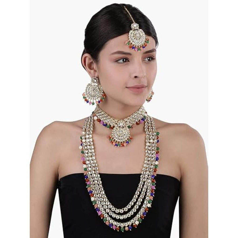 Etnico Traditional 18K Gold Plated Kundan & Pearl Studded Bridal Choker Necklace Jewellery Set With Earrings & Maang Tikka for Women(IJ325Mul)