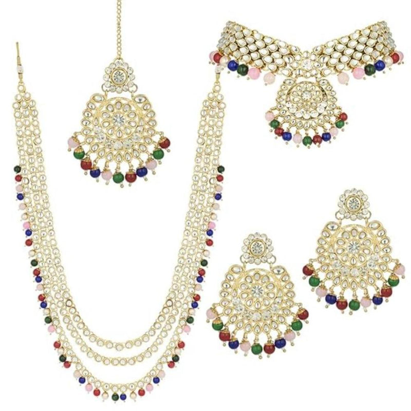 Etnico Traditional 18K Gold Plated Kundan & Pearl Studded Bridal Choker Necklace Jewellery Set With Earrings & Maang Tikka for Women(IJ325Mul)