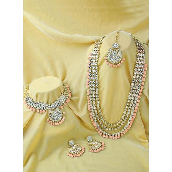 Etnico Traditional 18K Gold Plated Kundan & Pearl Studded Bridal Choker Necklace Jewellery Set With Earrings & Maang Tikka for Women(IJ325Pe)