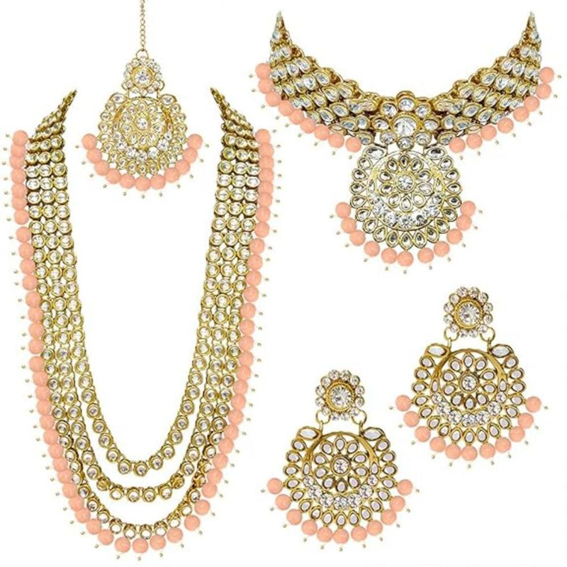 Etnico Traditional 18K Gold Plated Kundan & Pearl Studded Bridal Choker Necklace Jewellery Set With Earrings & Maang Tikka for Women(IJ325Pe)