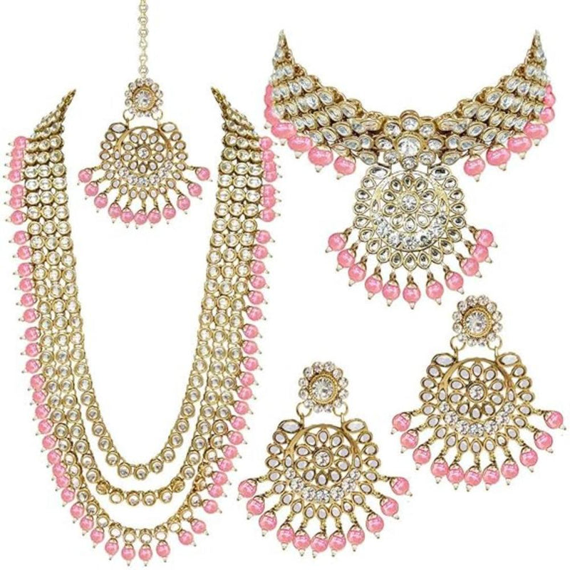 Etnico Traditional 18K Gold Plated Kundan & Pearl Studded Bridal Choker Necklace Jewellery Set With Earrings & Maang Tikka for Women(IJ325Pi)