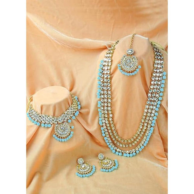 Etnico Traditional 18K Gold Plated Kundan & Pearl Studded Bridal Choker Necklace Jewellery Set With Earrings & Maang Tikka for Women(IJ325Sb)