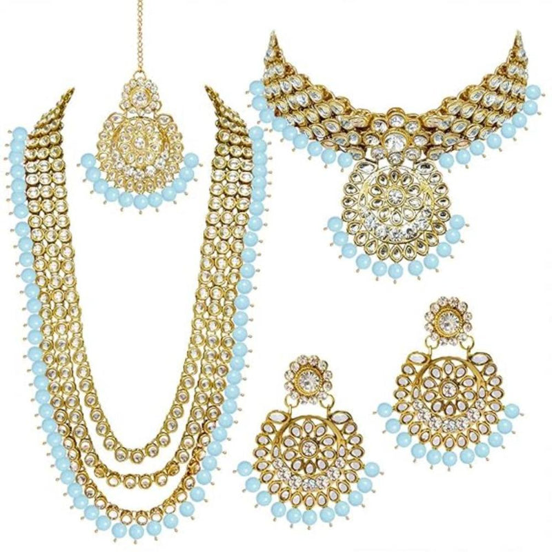 Etnico Traditional 18K Gold Plated Kundan & Pearl Studded Bridal Choker Necklace Jewellery Set With Earrings & Maang Tikka for Women(IJ325Sb)