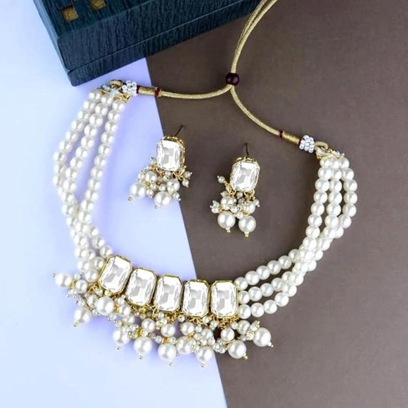 Etnico Gold Plated Traditional White Stone Studded Multi Layered White Pearl Choker Necklace Jewellery Set with Earrings for Women And Girls (IJ355W)