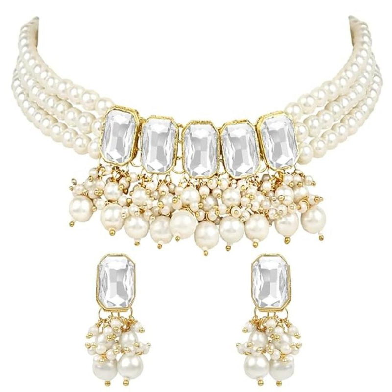 Etnico Gold Plated Traditional White Stone Studded Multi Layered White Pearl Choker Necklace Jewellery Set with Earrings for Women And Girls (IJ355W)