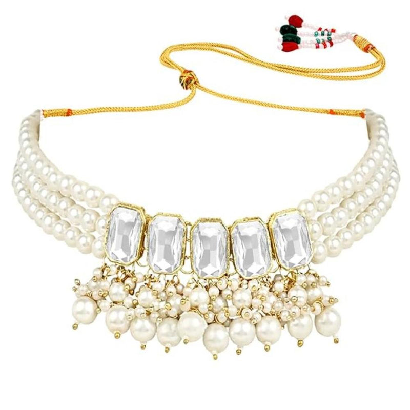 Etnico Gold Plated Traditional White Stone Studded Multi Layered White Pearl Choker Necklace Jewellery Set with Earrings for Women And Girls (IJ355W)