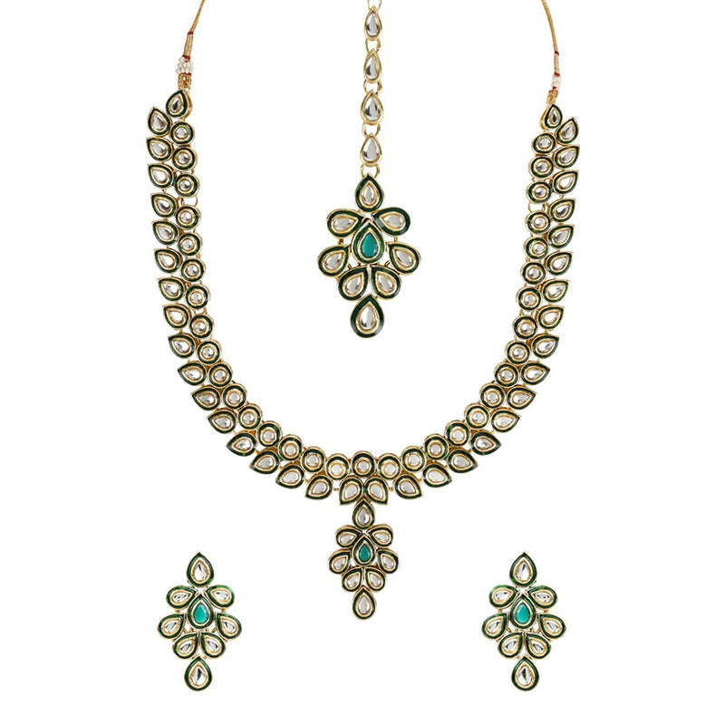 Etnico Gold Plated Traditional Necklace Jewellery Set with Earrings & Maang Tikka for Women (IJ356G)