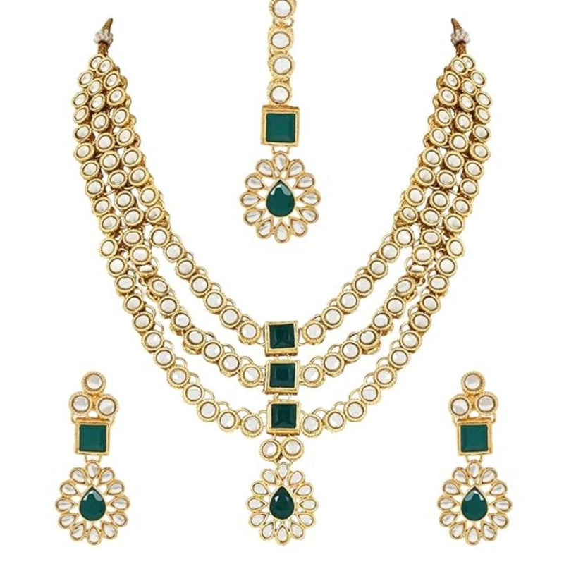 Etnico 18K Gold Plated Traditional Kundan Necklace Jewellery Set with Earrings & Maang Tikka for Women And Girls (IJ357G)