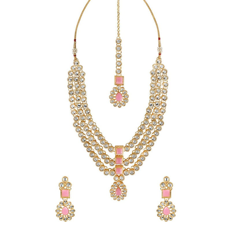 Etnico Gold Plated Traditional Kundan Necklace Jewellery Set with Earrings & Maang Tikka for Women (IJ357Pi)