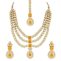 Etnico 18K Gold Plated Traditional Kundan Necklace Jewellery Set with Earrings & Maang Tikka for Women And Girls (IJ357Y)