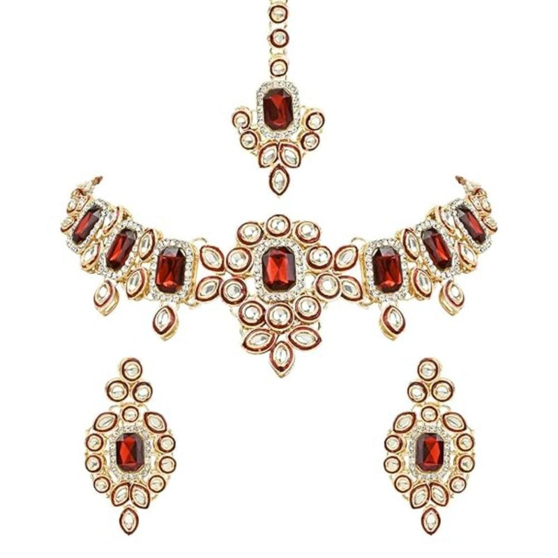 Etnico Gold Plated Traditional Kundan & Stone Studded Choker Necklace Jewellery with Earrings & Maang Tikka Set for Women (IJ359) (Maroon-1)