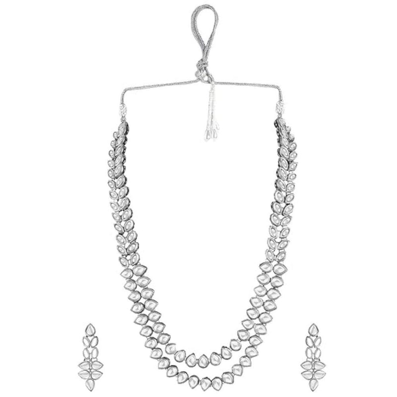 Etnico Silver Plated Traditional 2 Layered Long Kundan Studded Necklace Jewellery Set with Earrings for Women And Girls (IJ363S)