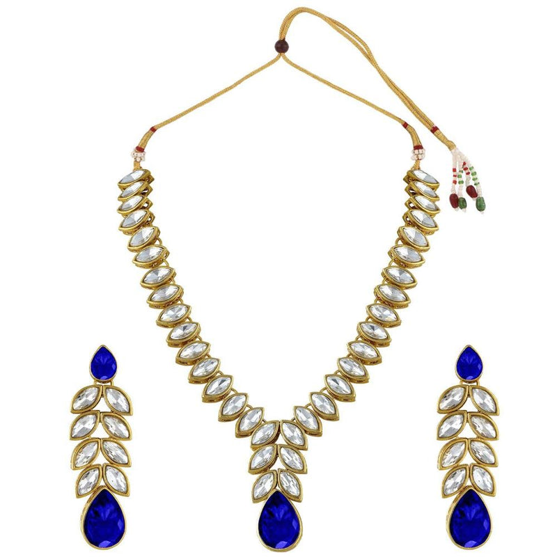 Etnico Gold Plated Traditional Blue Stone Studded Necklace Jewellery Set with Dangle Earrings For Women and Girls (IJ364Bl)