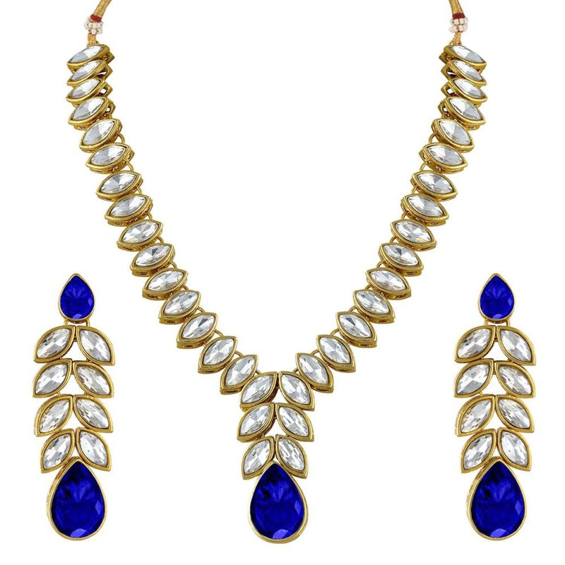 Etnico Gold Plated Traditional Blue Stone Studded Necklace Jewellery Set with Dangle Earrings For Women and Girls (IJ364Bl)