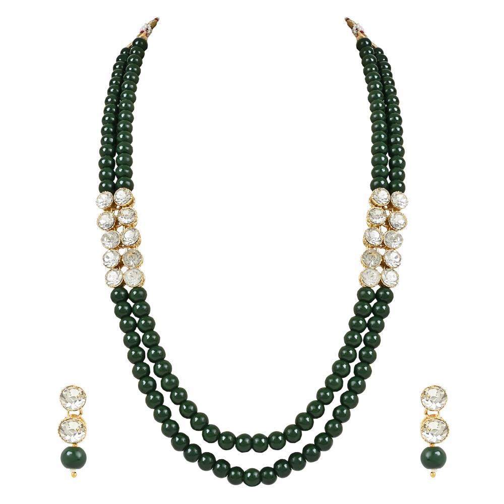Etnico Gold Plated Traditional Stunning White Stone Studded Layered Pearl Necklace Jewellery Set with Earrings For Women and Girls (IJ365G)