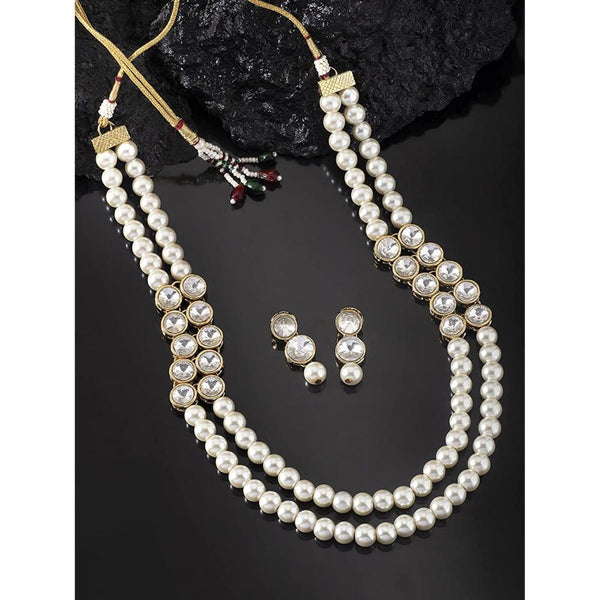 Etnico Gold Plated Traditional Stunning White Stone Studded Layered Pearl Necklace Jewellery Set with Earrings For Women and Girls (IJ365W)