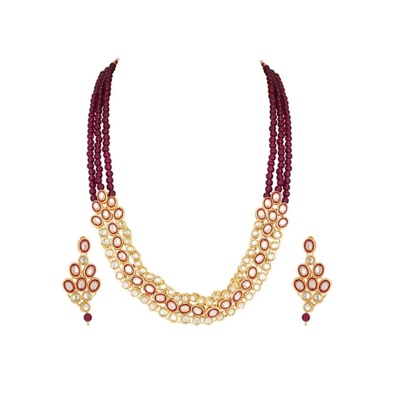 Etnico Gold Plated Traditional Stunning Maroon Meenakari Kundan Studded Pearl Necklace Jewellery Set with Earrings For Women and Girls (IJ366) (Wine)