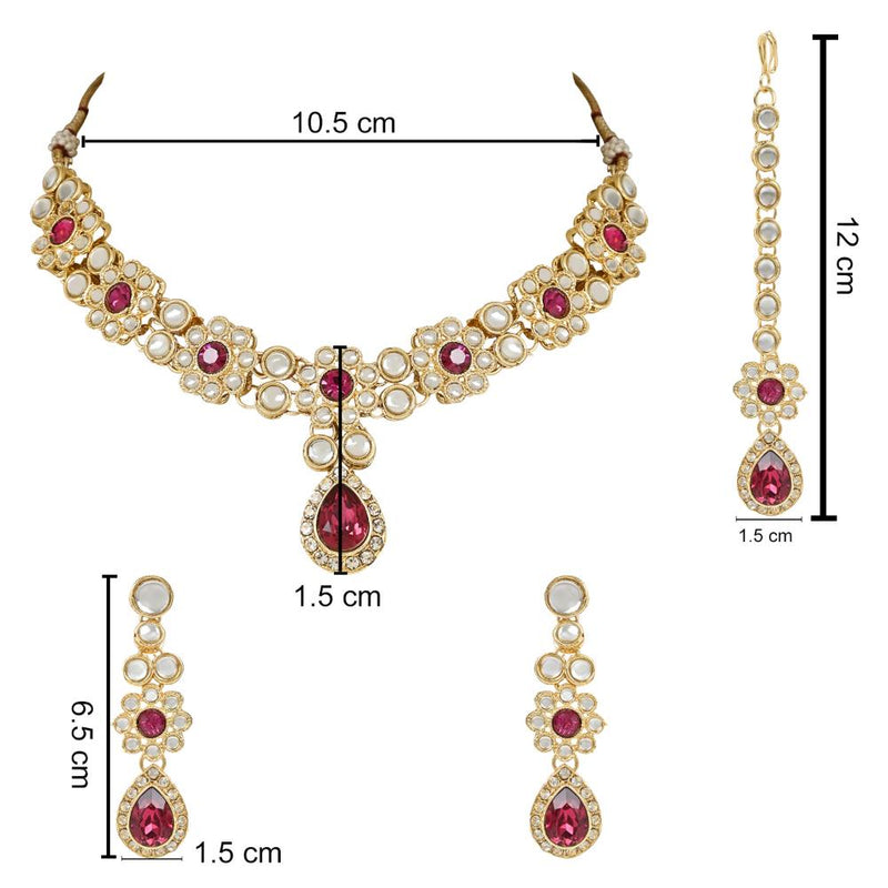 Etnico Gold Plated Traditional Floral Design Kundan Stones Studed Necklace Jewellery Set with Earrings & Maang Tikka for Women And Girls (IJ375Q)