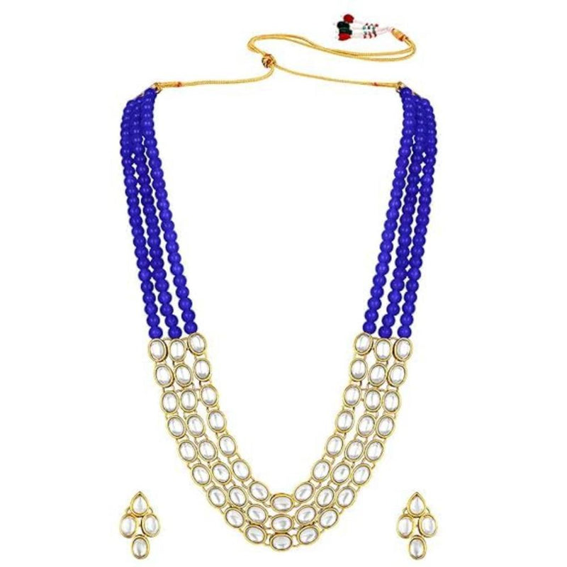 Etnico Gold Plated Traditional Stunning White Kundan Studded Layered Pearl Necklace Jewellery Set with Earrings For Women/Girls (IJ376) (Blue)