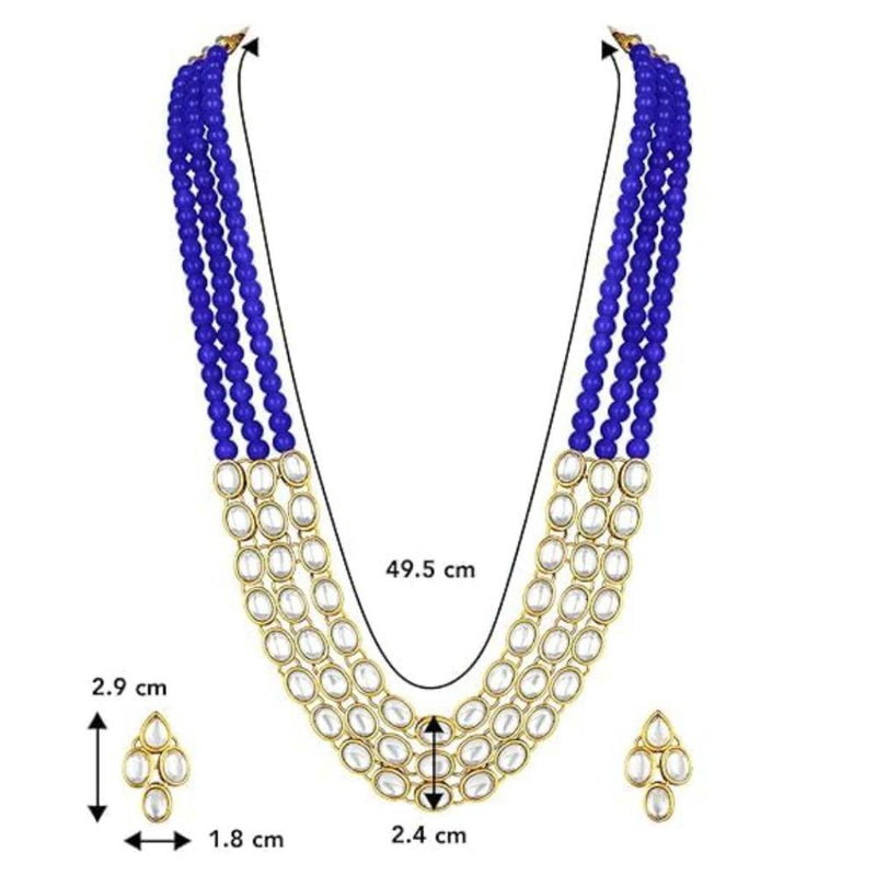 Etnico Gold Plated Traditional Stunning White Kundan Studded Layered Pearl Necklace Jewellery Set with Earrings For Women/Girls (IJ376) (Blue)