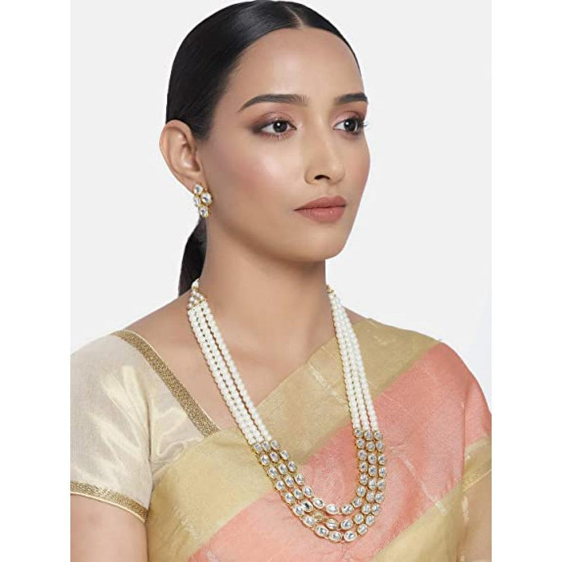 Etnico Gold Plated Traditional Stunning White Kundan Studded Layered Pearl Necklace Jewellery Set with Earrings For Women/Girls (IJ376W)