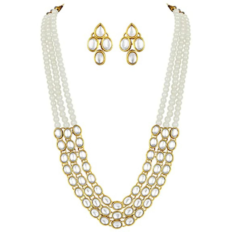 Etnico Gold Plated Traditional Stunning White Kundan Studded Layered Pearl Necklace Jewellery Set with Earrings For Women/Girls (IJ376W)